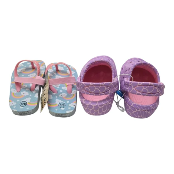 2pk NWT Toddler Girls Purple Clogs Shoes Rainbow Strap Flip Flops Sandals 5 / 6 - Picture 8 of 11